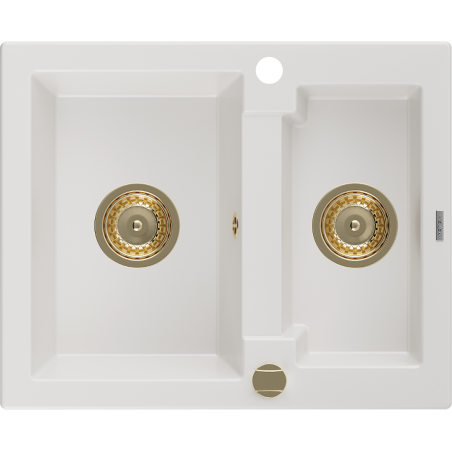 Mexen Carlos granitový dřez 1,5-komorový 582 x 475 mm, bílý, sifon zlatý - 6518581500-20-G