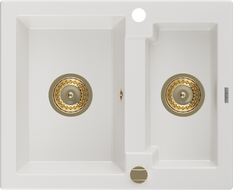 Mexen Carlos granitový dřez 1,5-komorový 582 x 475 mm, bílý, sifon zlatý - 6518581500-20-G