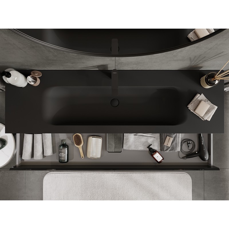 Mexen Orio koupelnová skříňka 160 cm s umyvadlem Vela, 2 zásuvky, černý lesk/černý mat - 91A10-16047-2-BFF70-W23M71