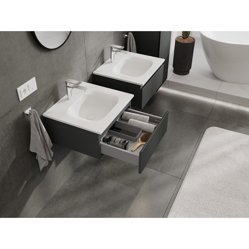 Mexen Rivel koupelnová skříňka 50 cm s umyvadlem Vela, 1 zásuvka, drážkovaná, grafit mat/bílá mat - 91A20-05023-1-BF66-W23M01