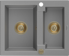 Mexen Carlos granitový dřez 1,5-komorový 582 x 475 mm, šedý, sifon zlatý - 6518581500-71-G