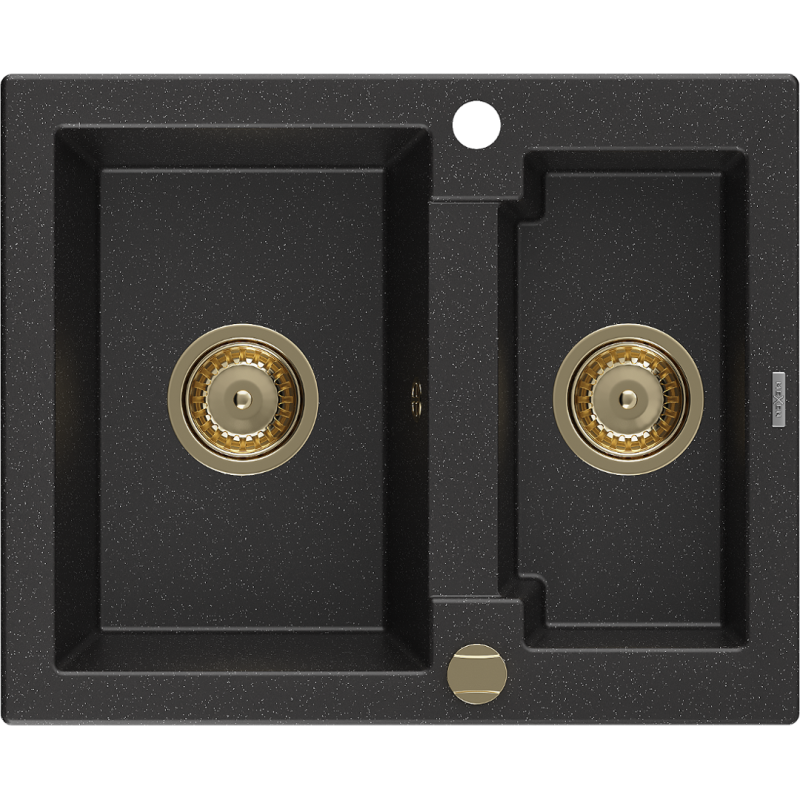 Mexen Carlos granitový dřez 1,5-komorový 582 x 475 mm, černý/stříbrný metalik, zlatý sifon - 6518581500-73-G