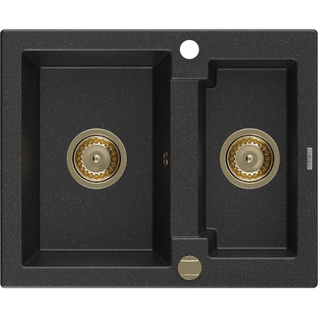 Mexen Carlos granitový dřez 1,5-komorový 582 x 475 mm, černý/stříbrný metalik, zlatý sifon - 6518581500-73-G