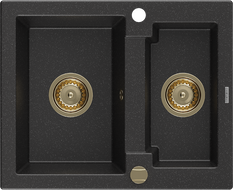 Mexen Carlos granitový dřez 1,5-komorový 582 x 475 mm, černý/stříbrný metalik, zlatý sifon - 6518581500-73-G