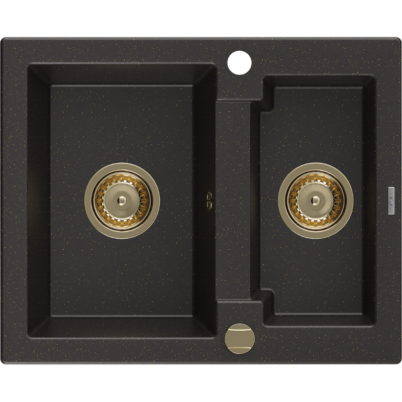 Mexen Carlos žulový dřez 1,5-komorový 582 x 475 mm, černý/zlatý metalik, sifon zlatý - 6518581500-75-G