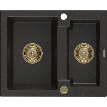 Mexen Carlos žulový dřez 1,5-komorový 582 x 475 mm, černý/zlatý metalik, sifon zlatý - 6518581500-75-G