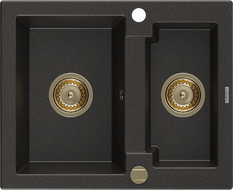 Mexen Carlos žulový dřez 1,5-komorový 582 x 475 mm, černý/zlatý metalik, sifon zlatý - 6518581500-75-G