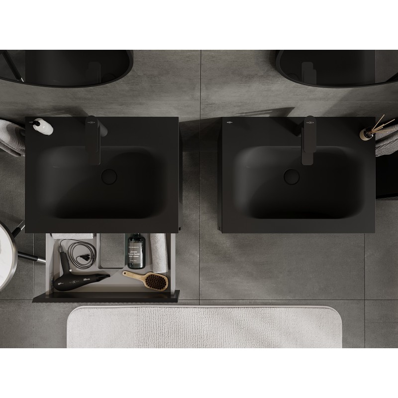 Mexen Rivel koupelnová skříňka 60 cm s umyvadlem Vela, 2 zásuvky, žebrovaná, černá mat - 91A20-06047-2-BFF71-W23M71