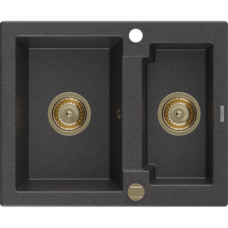 Mexen Carlos granitový dřez 1,5-komorový 582 x 475 mm, černý skvrnitý, zlatý sifon - 6518581500-76-G