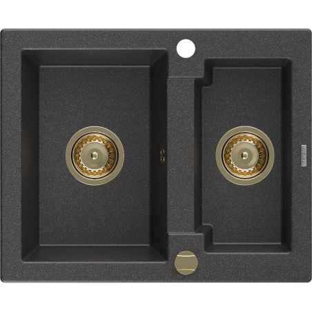 Mexen Carlos granitový dřez 1,5-komorový 582 x 475 mm, černý skvrnitý, zlatý sifon - 6518581500-76-G