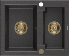 Mexen Carlos granitový dřez 1,5-komorový 582 x 475 mm, černý skvrnitý, zlatý sifon - 6518581500-76-G