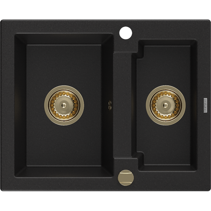 Mexen Carlos granitový dřez 1,5-komorový 582 x 475 mm, černý, sifon zlatý - 6518581500-77-G
