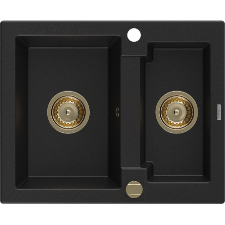 Mexen Carlos granitový dřez 1,5-komorový 582 x 475 mm, černý, sifon zlatý - 6518581500-77-G