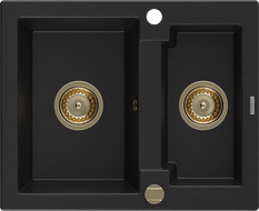 Mexen Carlos granitový dřez 1,5-komorový 582 x 475 mm, černý, sifon zlatý - 6518581500-77-G