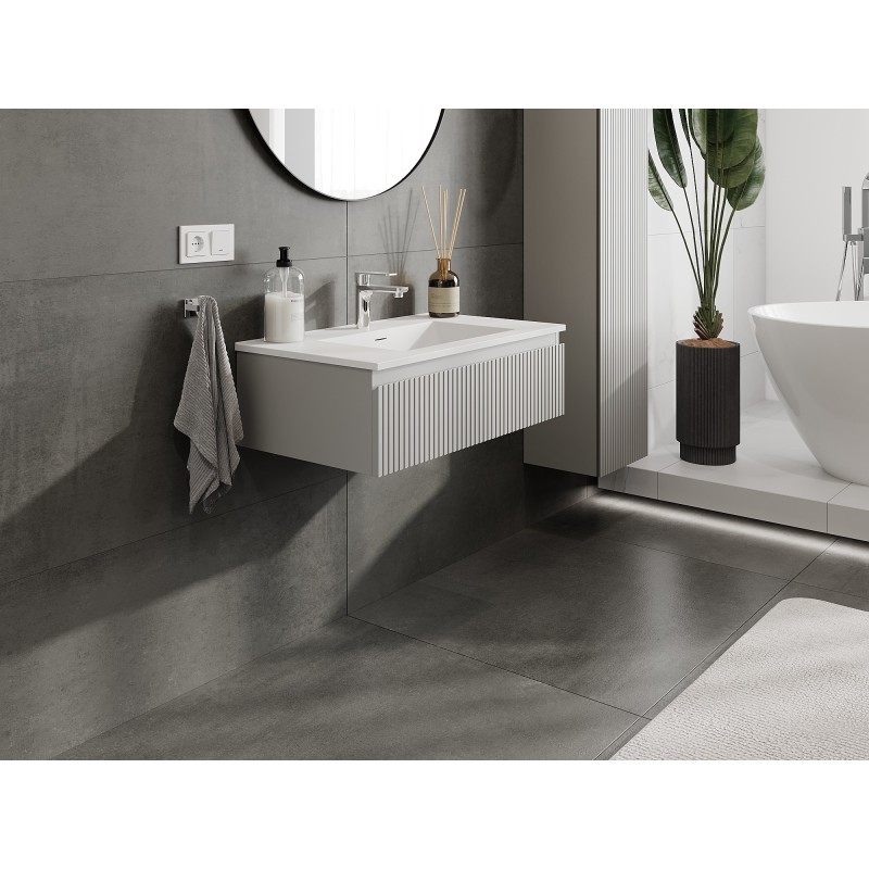 Mexen Rivel koupelnová skříňka 80 cm s umyvadlem Otis, 1 zásuvka, drážkovaná, šedá mat/bílá mat - 91A20-08023-1-BF62-W18M01