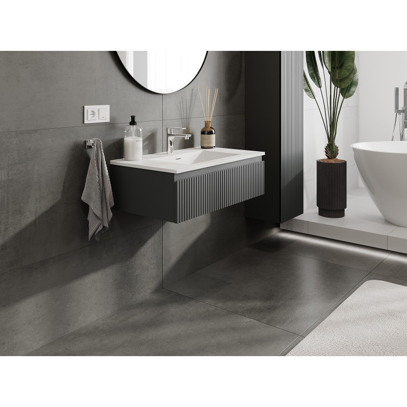 Mexen Rivel koupelnová skříňka 80 cm s umyvadlem Otis, 1 zásuvka, drážkovaná, grafit mat/bílá mat