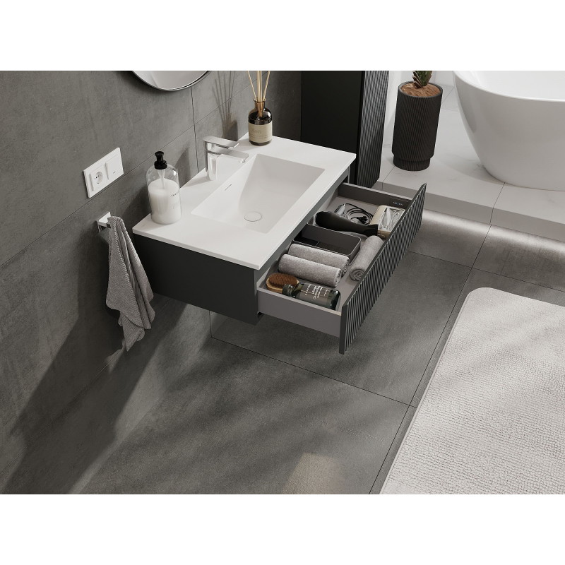 Mexen Rivel koupelnová skříňka 80 cm s umyvadlem Otis, 1 zásuvka, drážkovaná, grafit mat/bílá mat