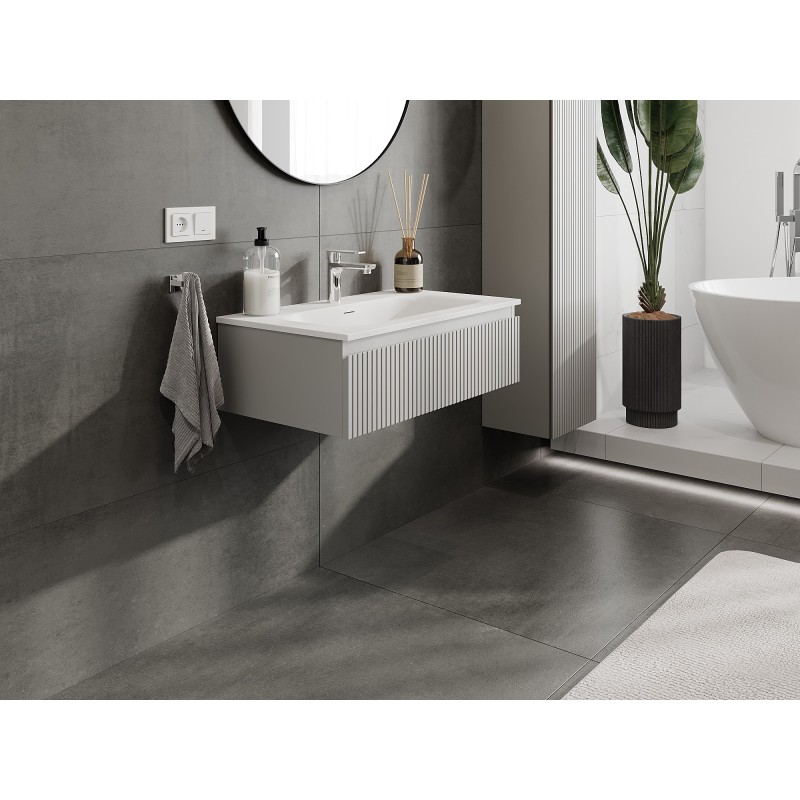 Mexen Rivel koupelnová skříňka 80 cm s umyvadlem Vela, 1 zásuvka, drážkovaná, šedá matná/bílá matná - 91A20-08023-1-BF62-W23M01