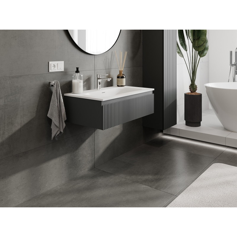 Mexen Rivel koupelnová skříňka 80 cm s umyvadlem Vela, 1 zásuvka, drážkovaná, grafit mat/bílá mat