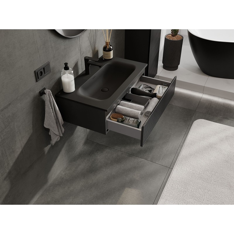 Mexen Rivel koupelnová skříňka 80 cm s umyvadlem Vela, 1 zásuvka, drážkovaná, černá mat - 91A20-08023-1-BF71-W23M71