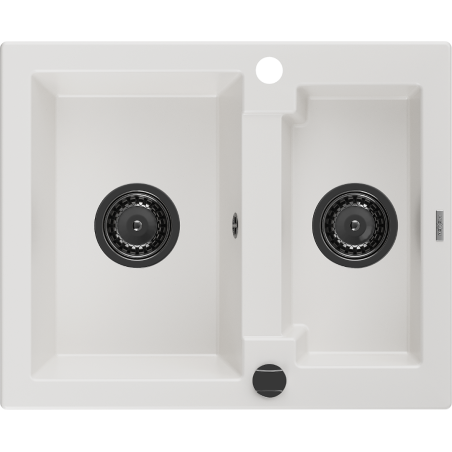 Mexen Carlos žulový dřez 1,5-komorový 582 x 475 mm, bílý, černý sifon - 6518581500-20-B