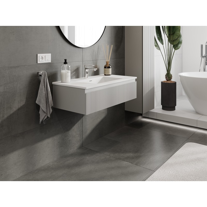 Mexen Rivel koupelnová skříňka 90 cm s umyvadlem Otis, 1 zásuvka, drážkovaná, šedá mat/bílá mat - 91A20-09023-1-BF62-W18M01