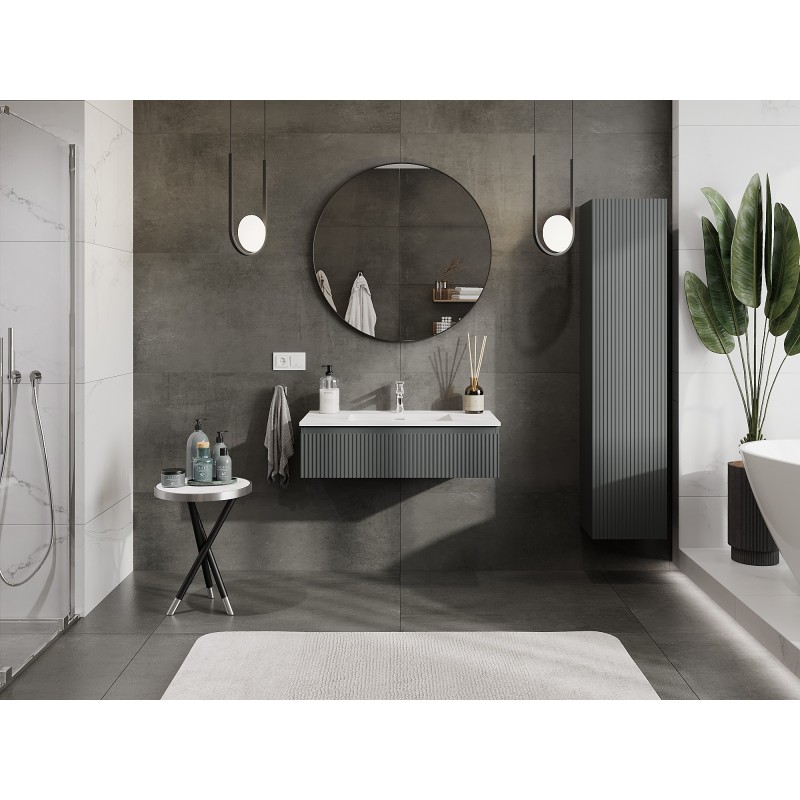Mexen Rivel koupelnová skříňka 90 cm s umyvadlem Otis, 1 zásuvka, drážkovaná, grafit mat/bílá mat - 91A20-09023-1-BF66-W18M01