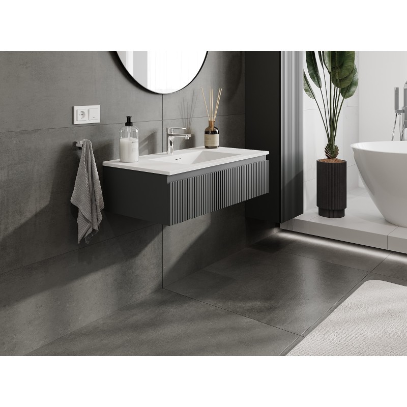 Mexen Rivel koupelnová skříňka 90 cm s umyvadlem Otis, 1 zásuvka, drážkovaná, grafit mat/bílá mat - 91A20-09023-1-BF66-W18M01