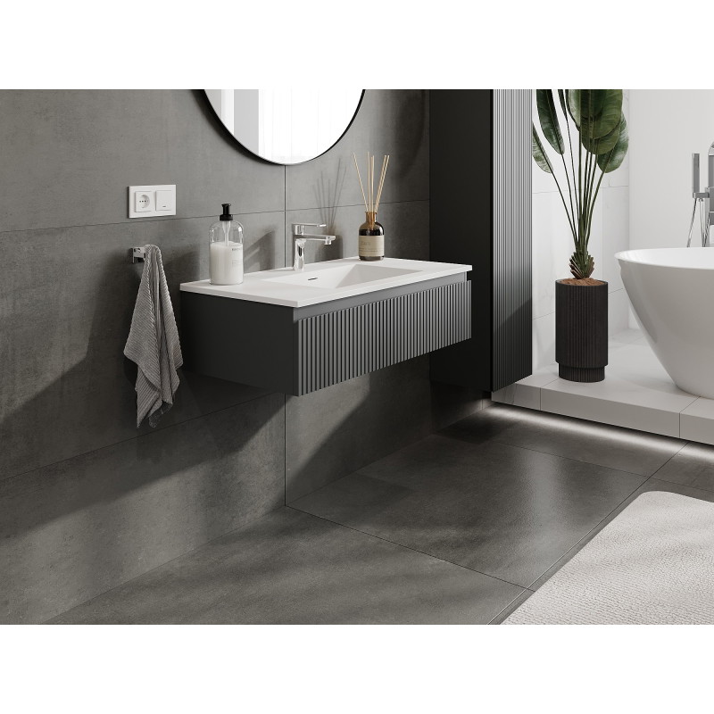 Mexen Rivel koupelnová skříňka 90 cm s umyvadlem Otis, 1 zásuvka, žebrovaná, grafit mat/bílá mat