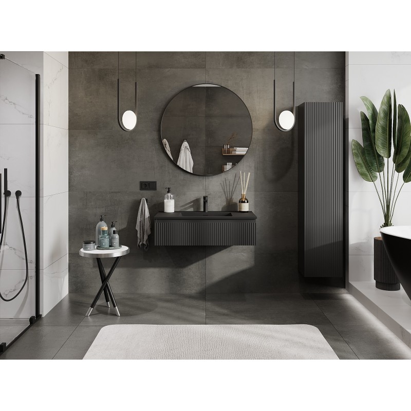 Mexen Rivel koupelnová skříňka 90 cm s umyvadlem Otis, 1 zásuvka, drážkovaný, černá matná - 91A20-09023-1-BF71-W18M71