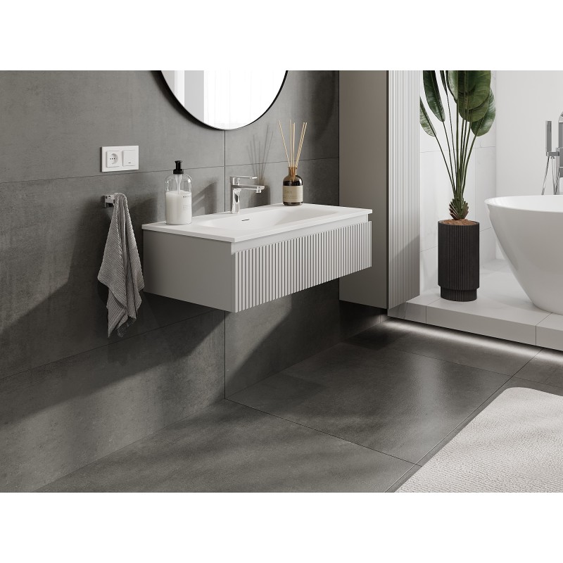 Mexen Rivel koupelnová skříňka 90 cm s umyvadlem Vela, 1 zásuvka, drážkovaná, šedá matná/bílá matná - 91A20-09023-1-BF62-W23M01