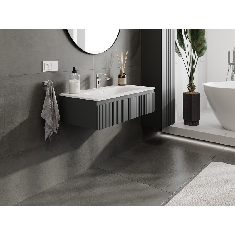 Mexen Rivel koupelnová skříňka 90 cm s umyvadlem Vela, 1 zásuvka, drážkovaná, grafit mat/bílá mat