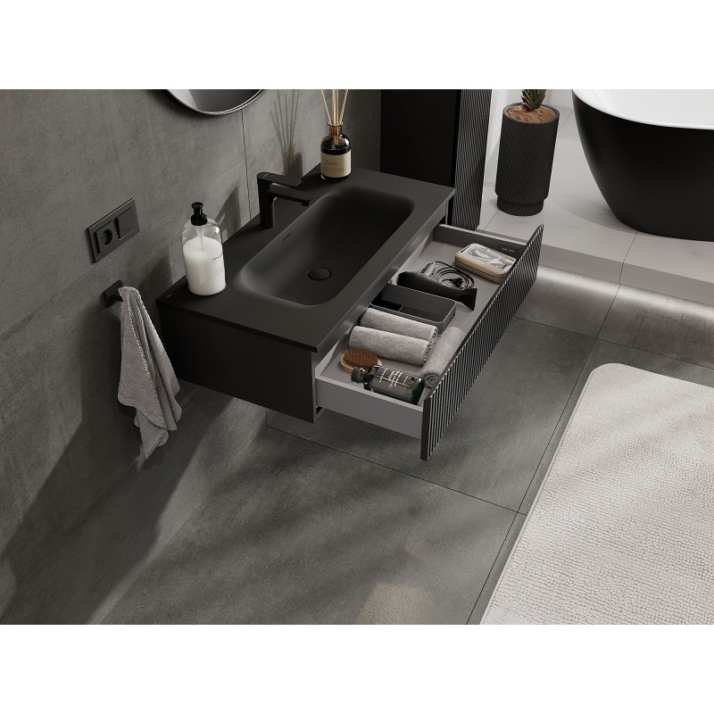 Mexen Rivel koupelnová skříňka 90 cm s umyvadlem Vela, 1 zásuvka, drážkovaná, černý mat - 91A20-09023-1-BF71-W23M71