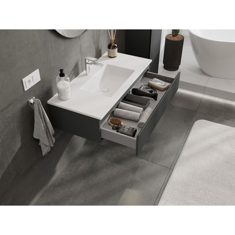 Mexen Rivel koupelnová skříňka 100 cm s umyvadlem Otis, 1 zásuvka, drážkovaná, grafit mat/bílá mat - 91A20-10023-1-BF66-W18M01