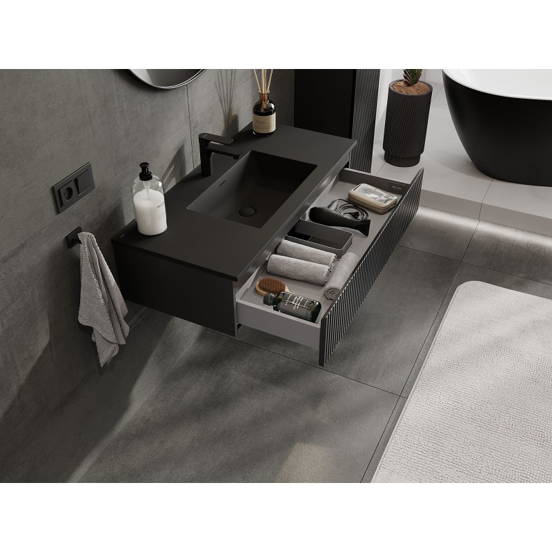 Mexen Rivel koupelnová skříňka 100 cm s umyvadlem Otis, 1 zásuvka, drážkovaná, černá mat - 91A20-10023-1-BF71-W18M71