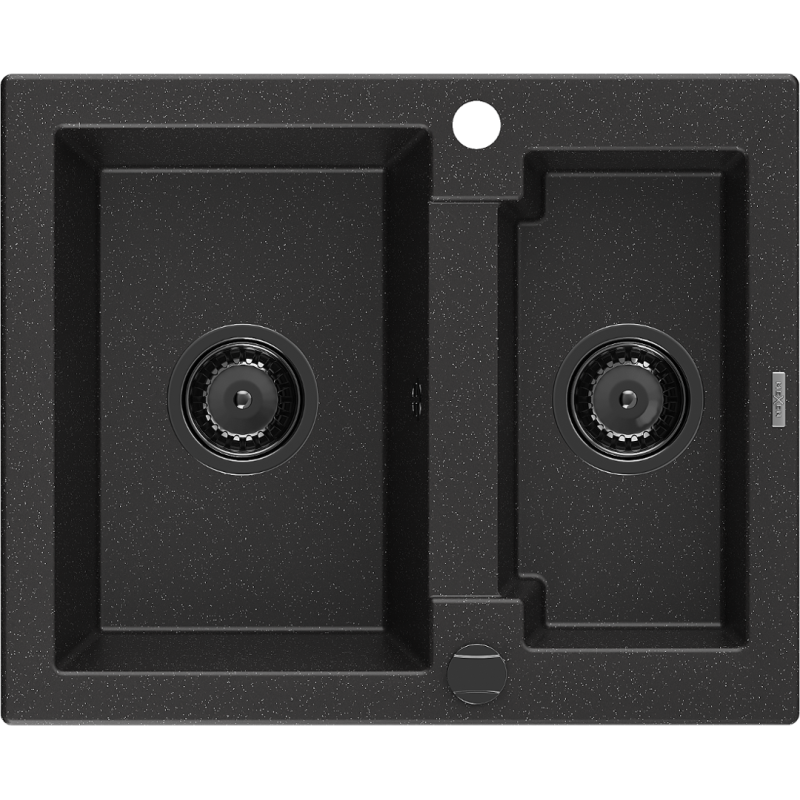 Mexen Carlos žulový dřez 1,5-komorový 582 x 475 mm, černý/stříbrný metalik, černý sifon - 6518581500-73-B