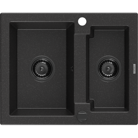 Mexen Carlos žulový dřez 1,5-komorový 582 x 475 mm, černý/stříbrný metalik, černý sifon - 6518581500-73-B