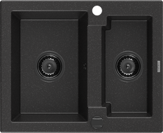 Mexen Carlos žulový dřez 1,5-komorový 582 x 475 mm, černý/stříbrný metalik, černý sifon - 6518581500-73-B