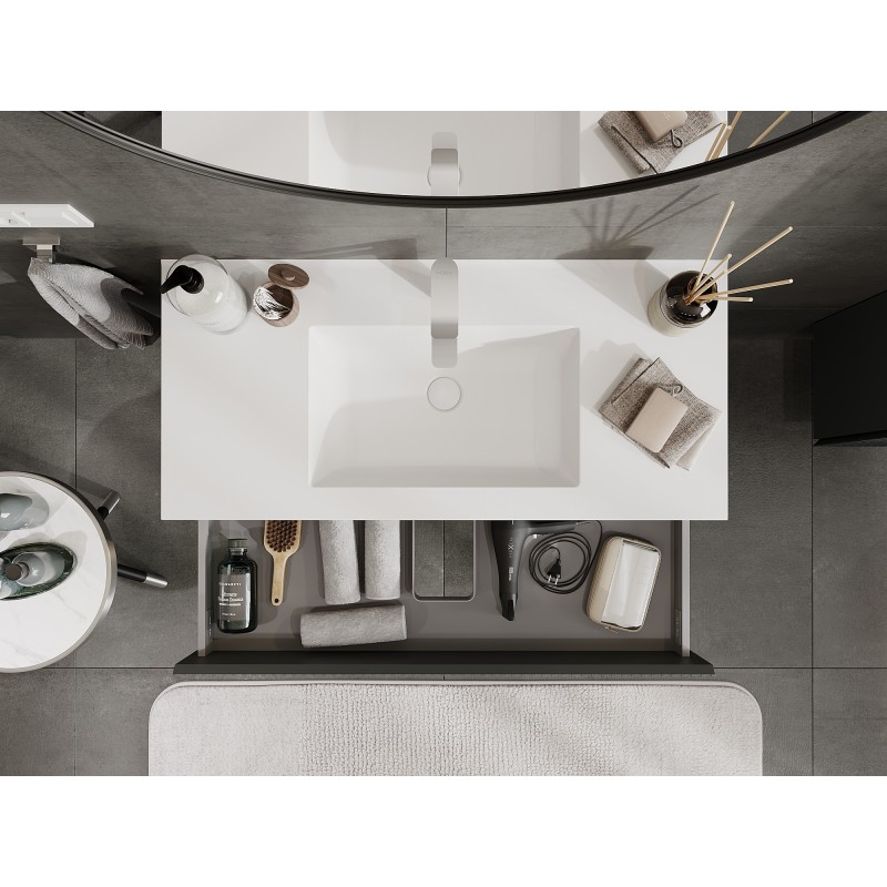 Mexen Rivel koupelnová skříňka 100 cm s umyvadlem Otis, 2 zásuvky, drážkovaná, grafit mat/bílá mat -