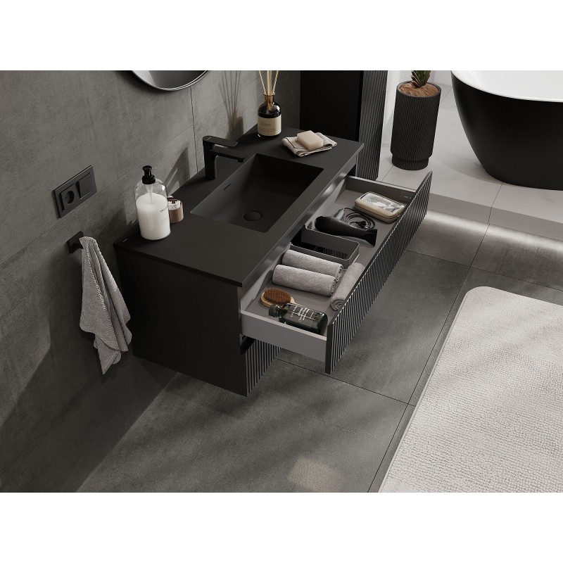 Mexen Rivel koupelnová skříňka 100 cm s umyvadlem Otis, 2 zásuvky, drážkovaná, černá mat - 91A20-10047-2-BFF71-W18M71