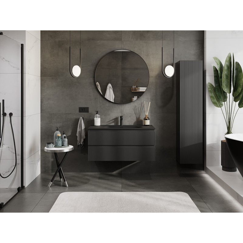 Mexen Rivel koupelnová skříňka 100 cm s umyvadlem Vela, 2 zásuvky, drážkovaná, černá mat - 91A20-10047-2-BFF71-W23M71