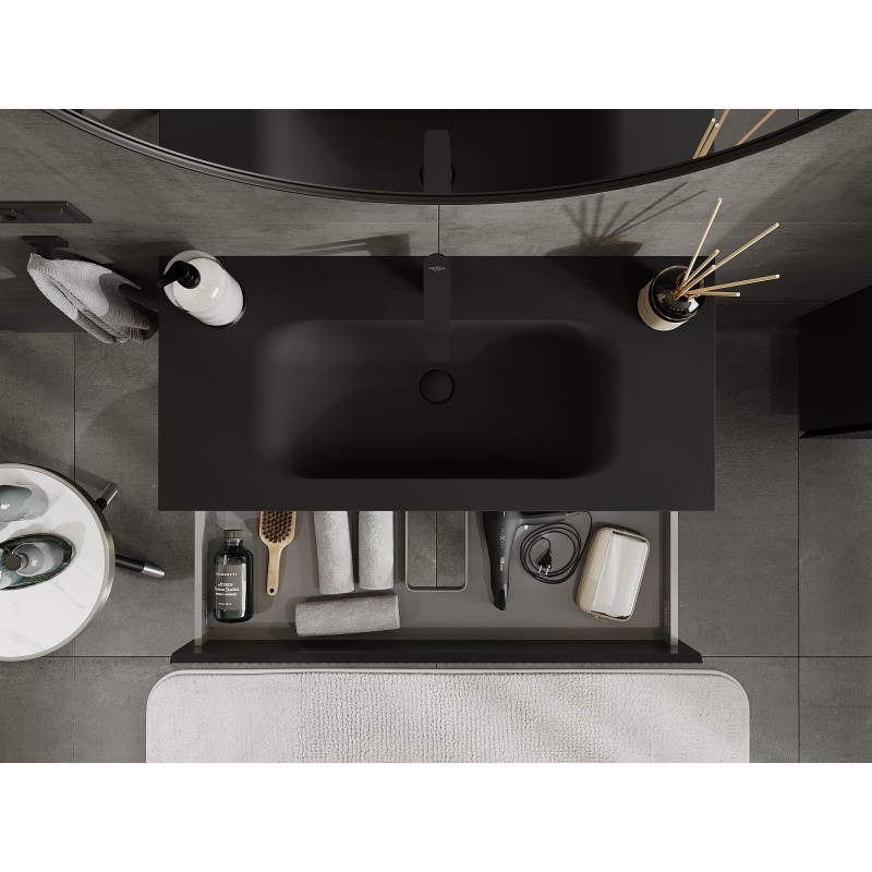 Mexen Rivel koupelnová skříňka 100 cm s umyvadlem Vela, 2 zásuvky, drážkovaná, černá mat - 91A20-10047-2-BFF71-W23M71