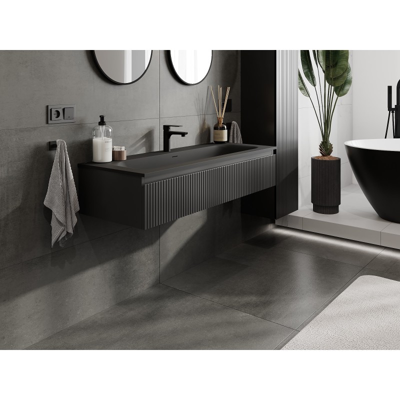 Mexen Rivel koupelnová skříňka 120 cm s umyvadlem Vela, 1 zásuvka, rýhovaná, černá mat - 91A20-12023-1-BF71-W23M71