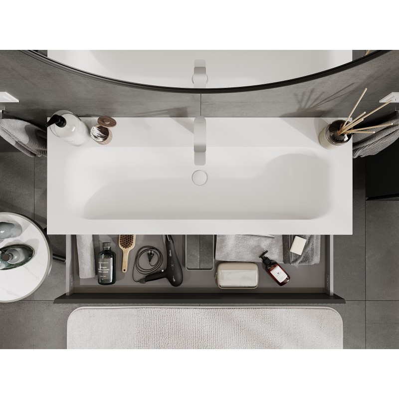 Mexen Rivel koupelnová skříňka 120 cm s umyvadlem Vela, 2 zásuvky, žebrovaná, grafit mat/bílá mat -