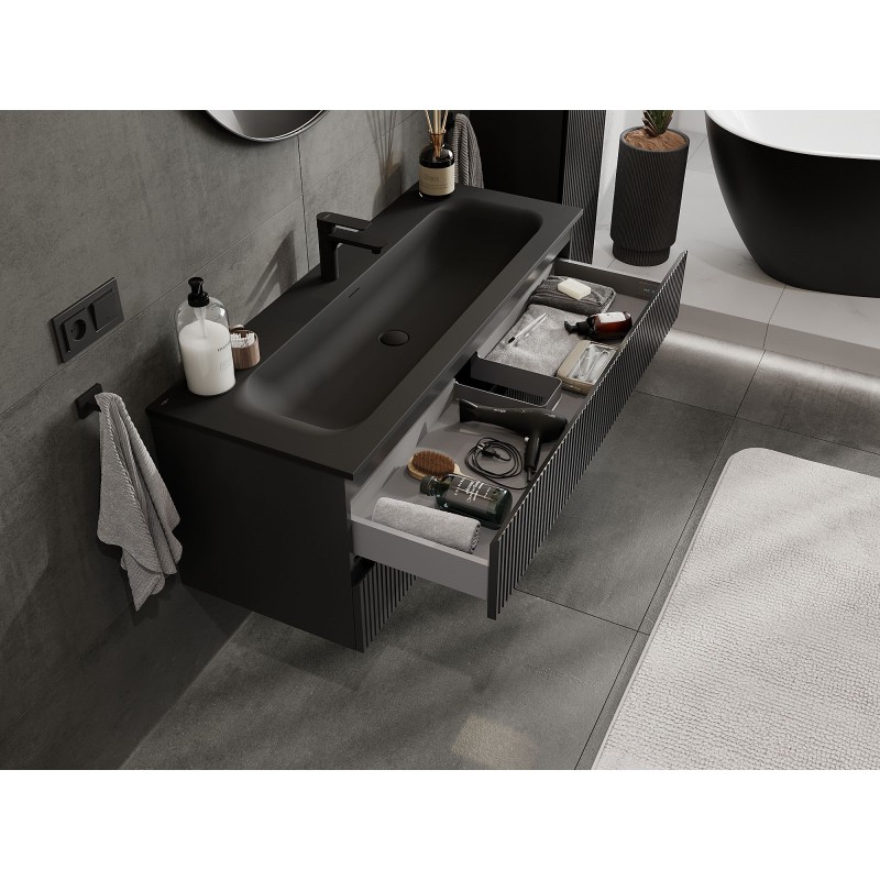 Mexen Rivel koupelnová skříňka 120 cm s umyvadlem Vela, 2 zásuvky, vroubkovaná, černá mat - 91A20-12047-2-BFF71-W23M71