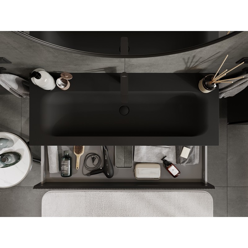 Mexen Rivel koupelnová skříňka 120 cm s umyvadlem Vela, 2 zásuvky, vroubkovaná, černá mat - 91A20-12047-2-BFF71-W23M71