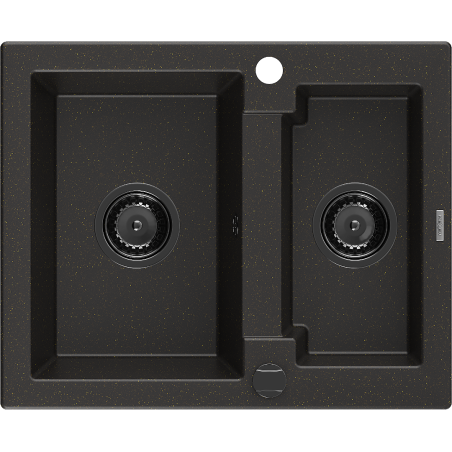 Mexen Carlos granitový dřez 1,5-komorový 582 x 475 mm, černý/zlatý metalik, černý sifon - 6518581500-75-B