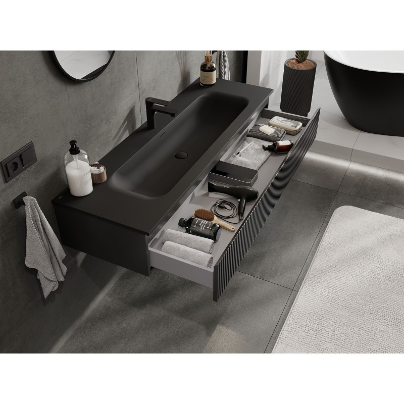 Mexen Rivel koupelnová skříňka 140 cm s umyvadlem Vela, 1 zásuvka, drážkovaná, černý mat - 91A20-14023-1-BF71-W23M71