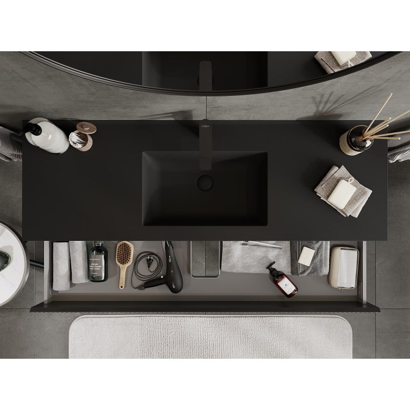 Mexen Rivel koupelnová skříňka 140 cm s umyvadlem Otis, 2 zásuvky, rýhovaná, černá mat - 91A20-14047-2-BFF71-W18M71