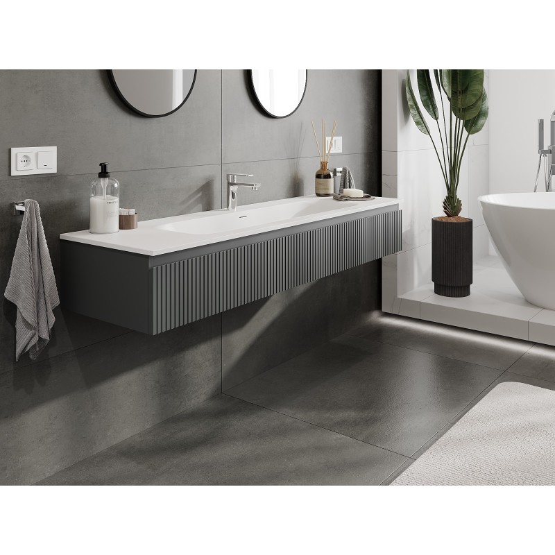 Mexen Rivel koupelnová skříňka 160 cm s umyvadlem Vela, 1 zásuvka, drážkovaná, grafit mat/bílá mat -